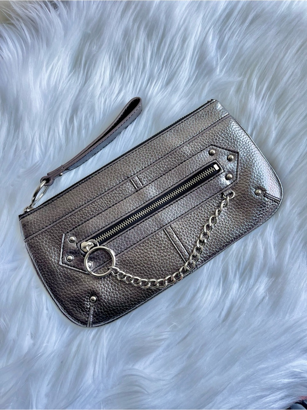 Limited Edition Metallic Pewter Silver Chain-Accent Wristlet Clutch
